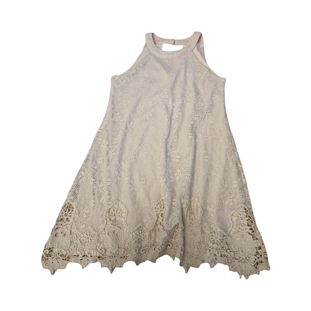 Cream Floral Lace Halter Neck‎ Scalloped Hem Sleeveless Cocktail Dress Womens